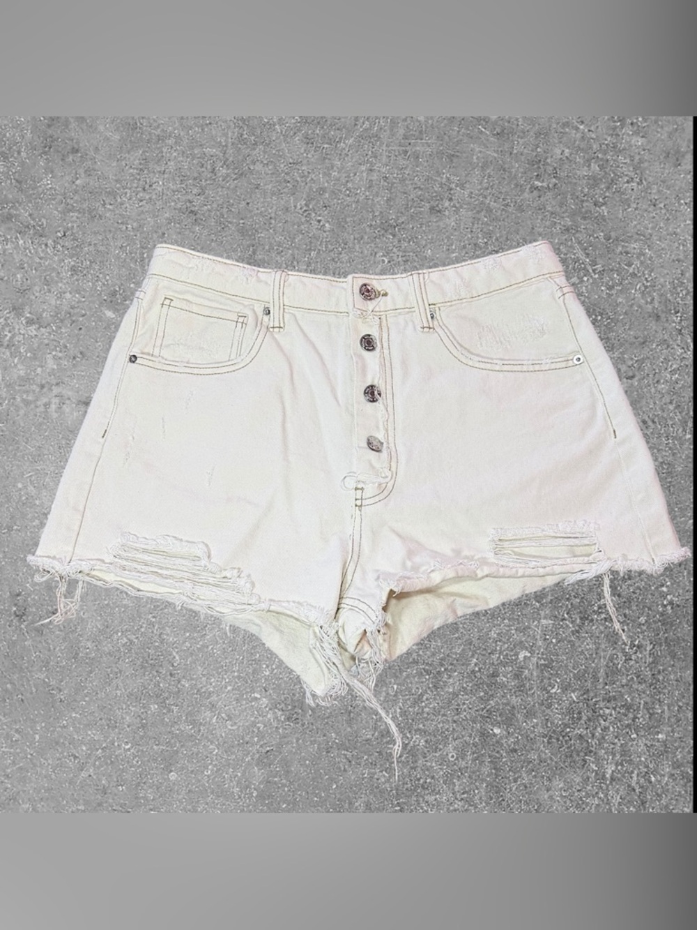 Cream Distressed Denim High Rise Cutoff Shorts